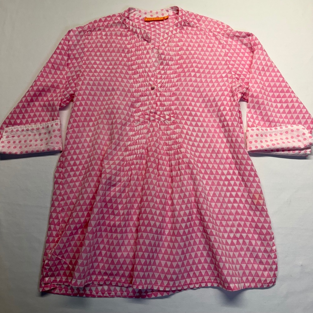 Oliphant Tunic Top Pintuck Geometric Print S Pink Womens Casual Boho Cotton